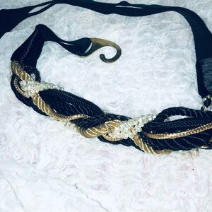Vintage Black and Gold Braided Belt with Pearl Accents- elastic strap - hook